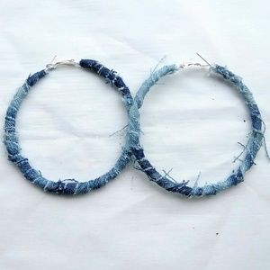 Distressed denim hoop earrings